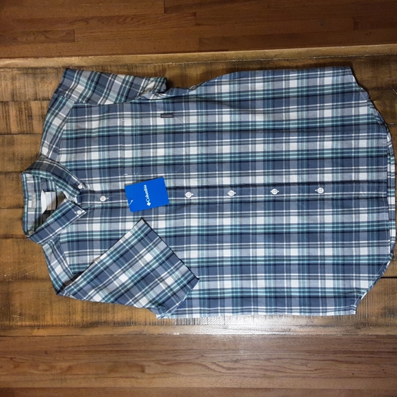 NWT Mens Columbia Blue/White/Teal Plaid Short Sleeve Button Up Shirt SZ Small - Picture 3 of 7